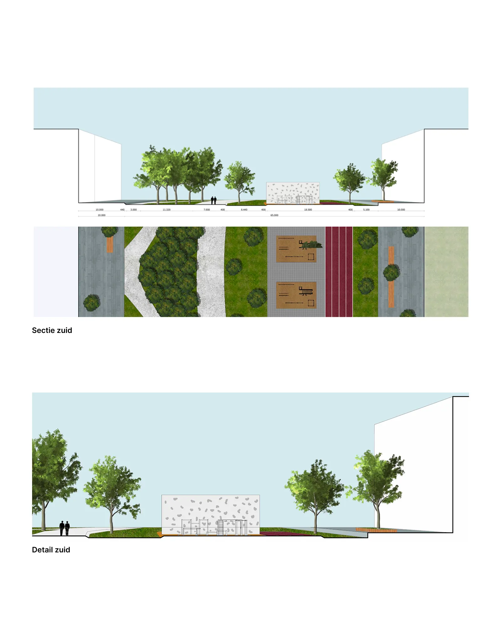Doorsnede van het zuidelijk deel van de campus (vergelijkbaar met figuur p.60/61 uit het rapport), die de ruimtelijke opbouw van het sportpark en de relatie met de gebouwen toont.